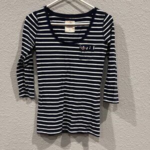 Hollister Navy & White Stripe Quarter Sleeve T Shirt | Size S